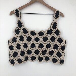 Impressions Crochet Tank Cropped Women Large Black Tan Sunshine & Good Times